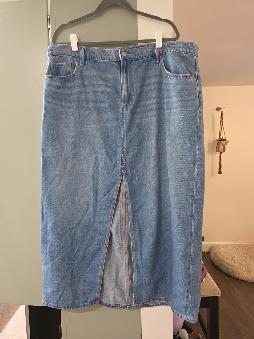 Old Navy Blue Straight-Leg Denim Midi Skirt with Front Slit